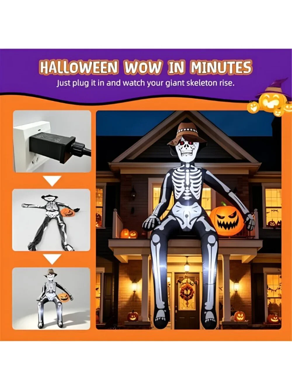 10FT Scary Giant Sitting Skeleton Halloween Inflatables Outdoor Decorations